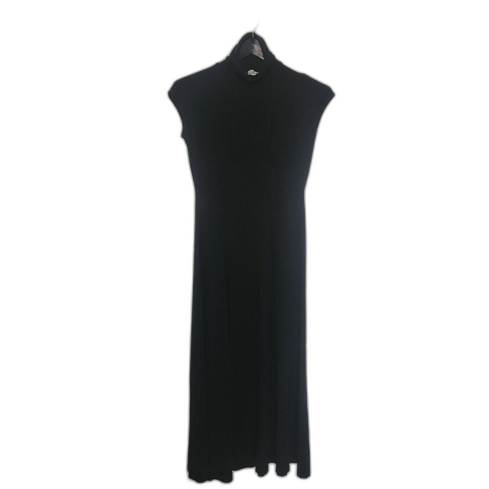 Boston Proper Med Black Dress Long A-Line Neck Turtleneck Chic LBD Maxi Office